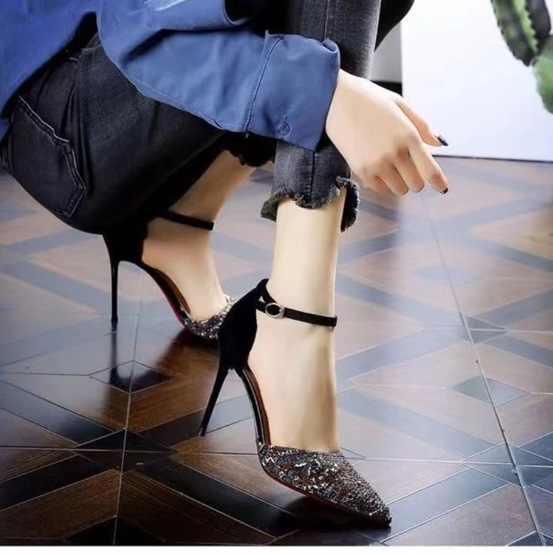 sexy thin high heels summer women's pump fashion ankle buckle pumps casual pointed toe shallow shoes rhinestone lady party shoes