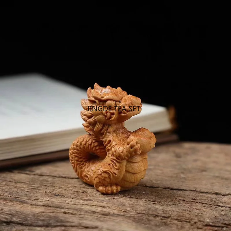 Natural wooden small dragon statue hand carved solid wood cute home mini feng shui decoration
