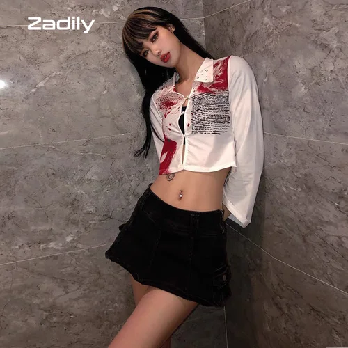 Y2K 2022 가을 스트리트 스타일 슬림 긴 소매 프린트 여성 짧은 셔츠, 섹시한 버튼 여성 자르기 탑 파티 블라우스 의류 신상 2