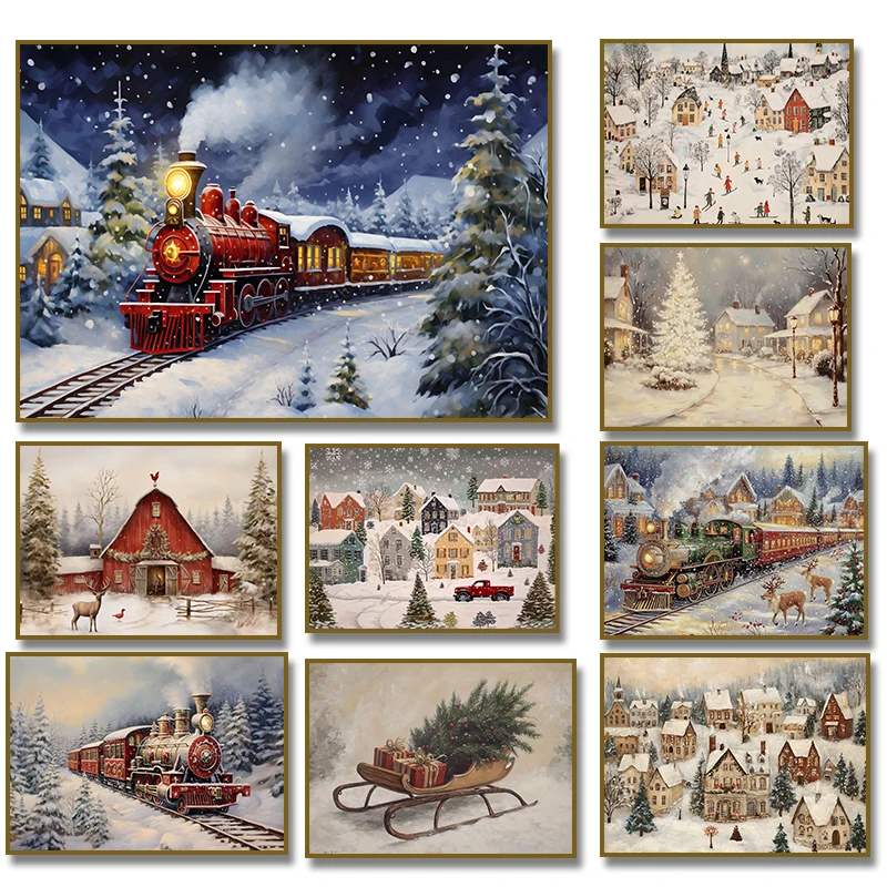 Christmas Train Farmhouse Canvas Painting 1