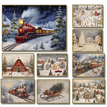 Christmas Train Farmhouse Canvas Painting 1