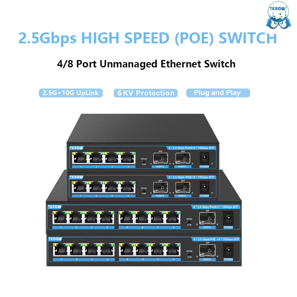 Terow-switch de Rede Gigabit Poe Switch Ethernet 2.5g 10g Port 2.5gbps Poe Mais Port 10gbps Suporte Sfp Vlan