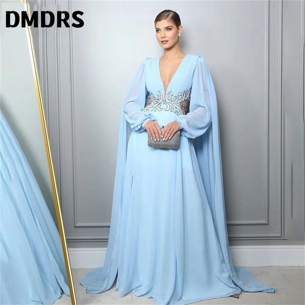 

Sky Blue Beach Evening Dresses Charming Chiffion Prom Dress Embroidery V Neck Party Dresses With Long Sleeves vestidos de noche