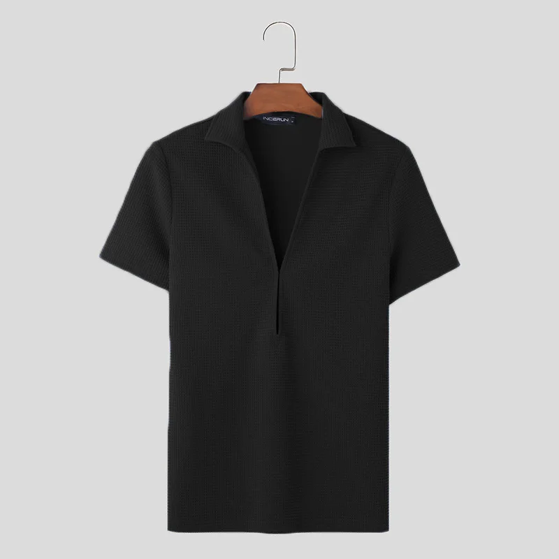 thumbnail image 1 of INCERUN Tops 2024 estilo coreano moda para hombre textura diseño en V profundo camisetas casuales ropa de calle de manga corta de punto camiseta S-5XL, 1 of 5