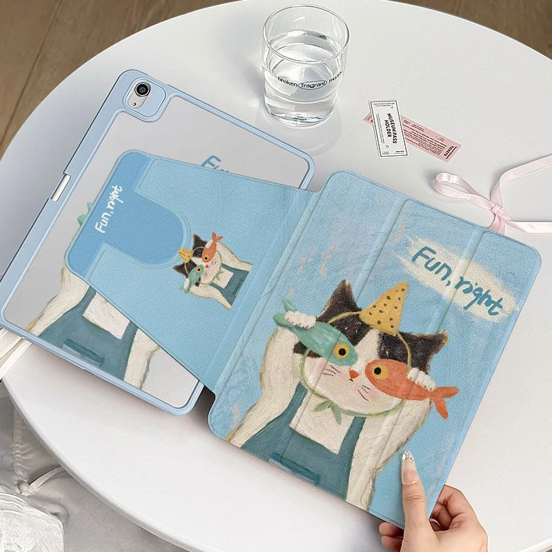 360-Degree Rotating Stand Cover with Fishing Kitten Print