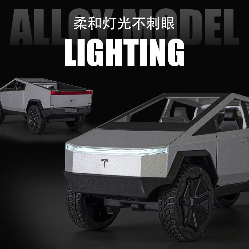 1:24 Tesla Cybertruck Pickup With Motorcycle Alloy Car Model Diecast Toy Vehicle Sound and Light Simitation Cars Model Toys Gift 2