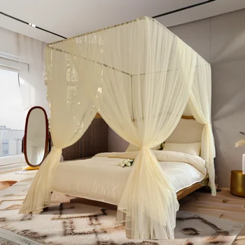 Mosquito Net Cotton Four-Door Sexy Square Canopy - King/Queen Double Bed Size, Elegant White Palace Netting Prevent Insect Net