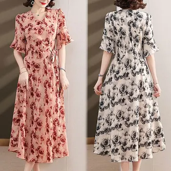 Elegant V Neck Stylish Folds Drawstring Dresses Summer Rose Printed Women s Clothing A Line