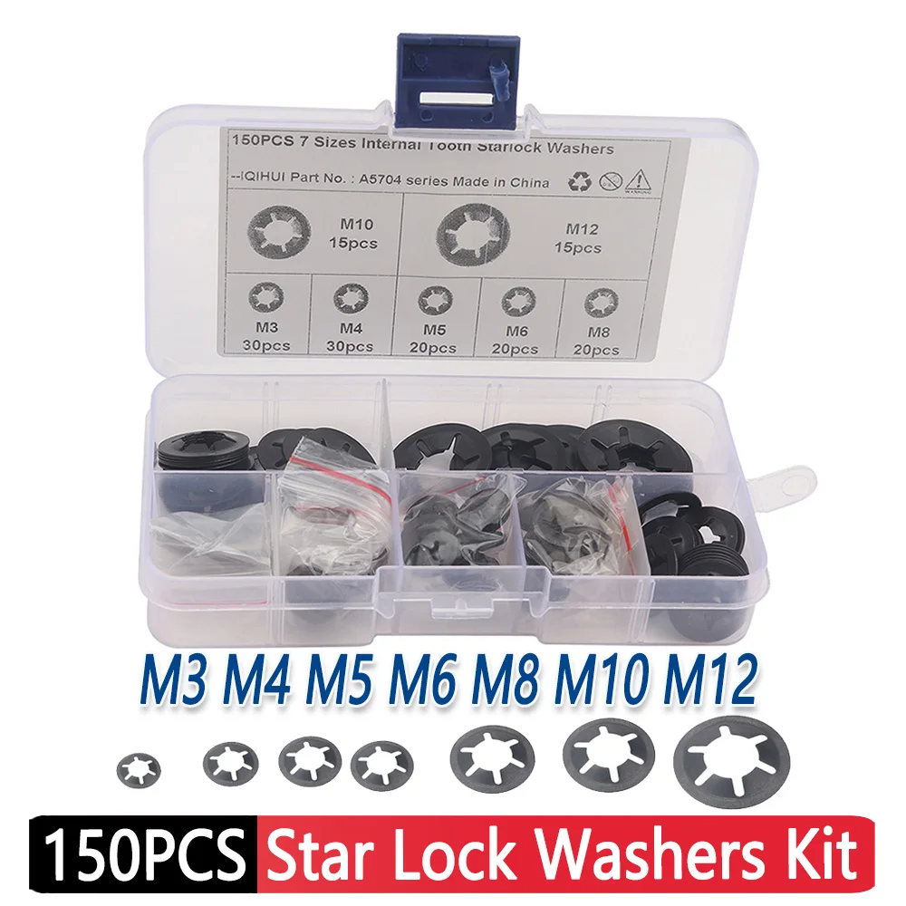 Washer Gasket Kit 150Pcs Flat Washer Gasket M3 M4 M5 M6 M8 M10 M12 Push Locking Star Lock Washers 65 Manganese Steel Assortment