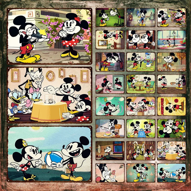 Disney The Wonderful World Of Mickey Mouse Metal Poster Mickey, Minnie, Donald, Pluto, Goofy And Daisy Cartoon Plaque Wall Decor