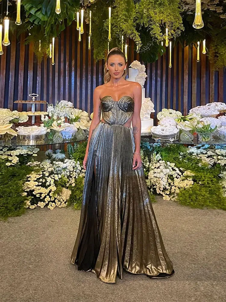 

Fashion Hollow Out Women Strapless Maxi Dress Female Elegant Pleated Split Metallic Dresses 2024 Lady Backless Party A-line Robe