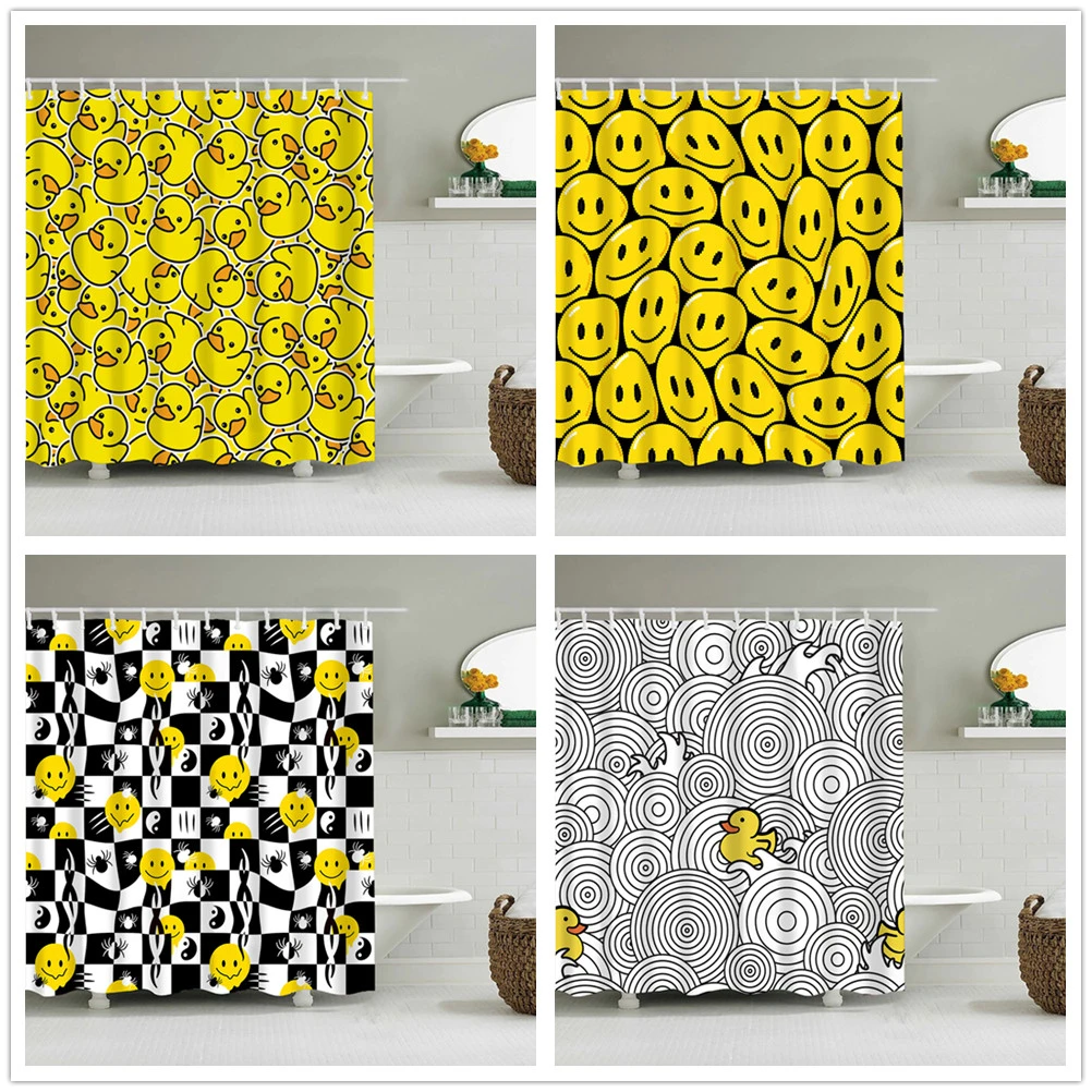 Cute Little Yellow Duck Shower Curtain Cartoon Funny Smiley Face Bathroom Waterproof Bath Duck