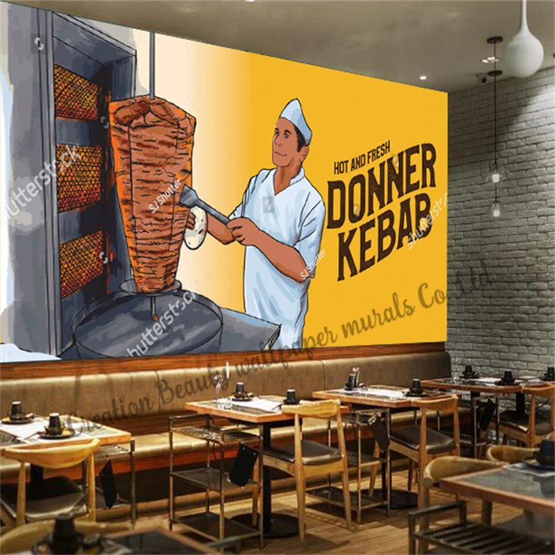 Papel de Parede de Kebab de Fast Food Personalizado Decoração Industrial Mural para Restaurante Snack Bar Papel de Parede de Fundo de Cozinha