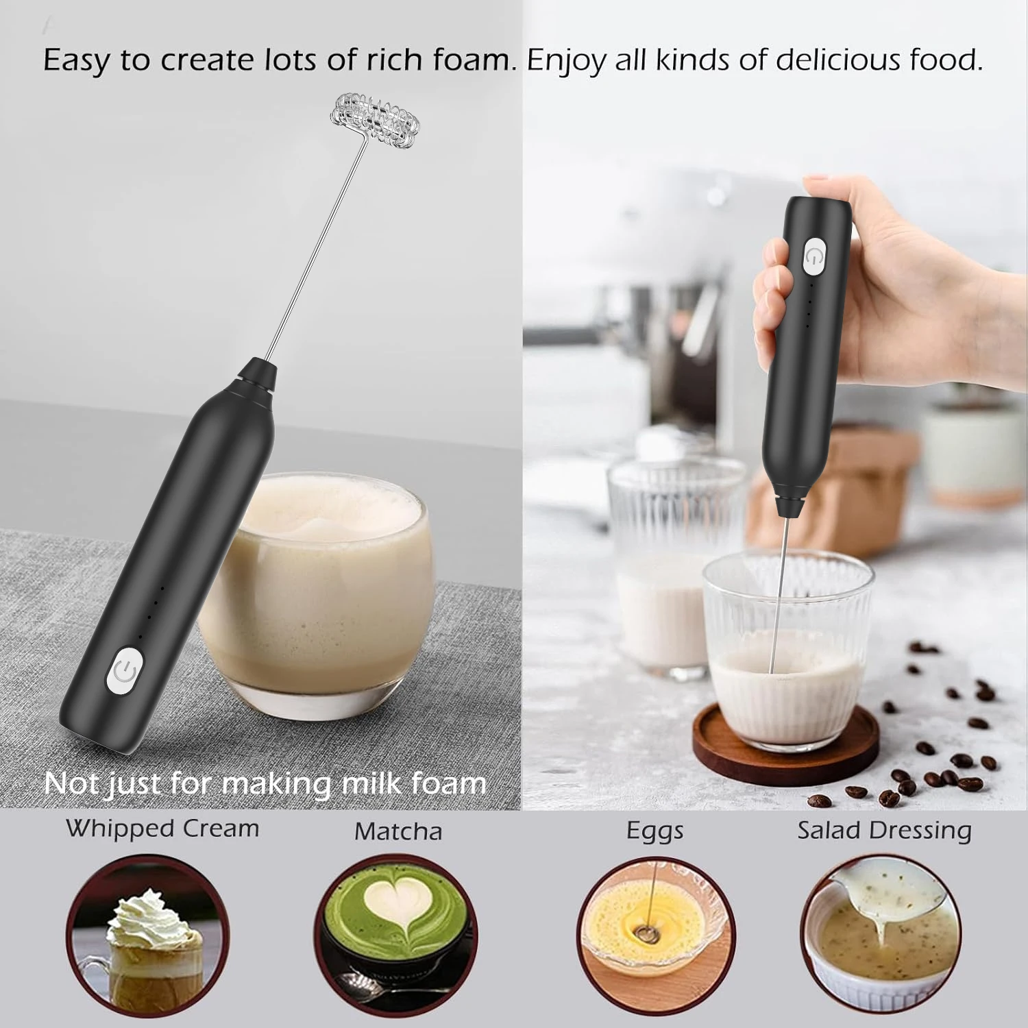 Milk Frother, 3-Speed Electric Frother for Coffee with Whisk and Frother, USB Rechargeable Milk Foamer Maker 6