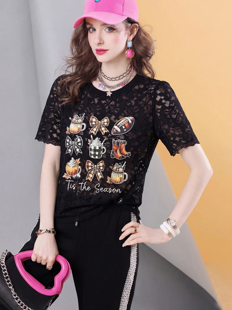 Women Black Lace Graphic Top Vintage Print Blouse Loose Fit Casual Streetwear Tee Shirt Fashion Summer Top 3