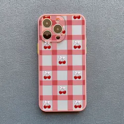 Stylish Blue Checkered Grid Pattern Cherry Phone Case - iPhone 11 (Pink cherry 2)