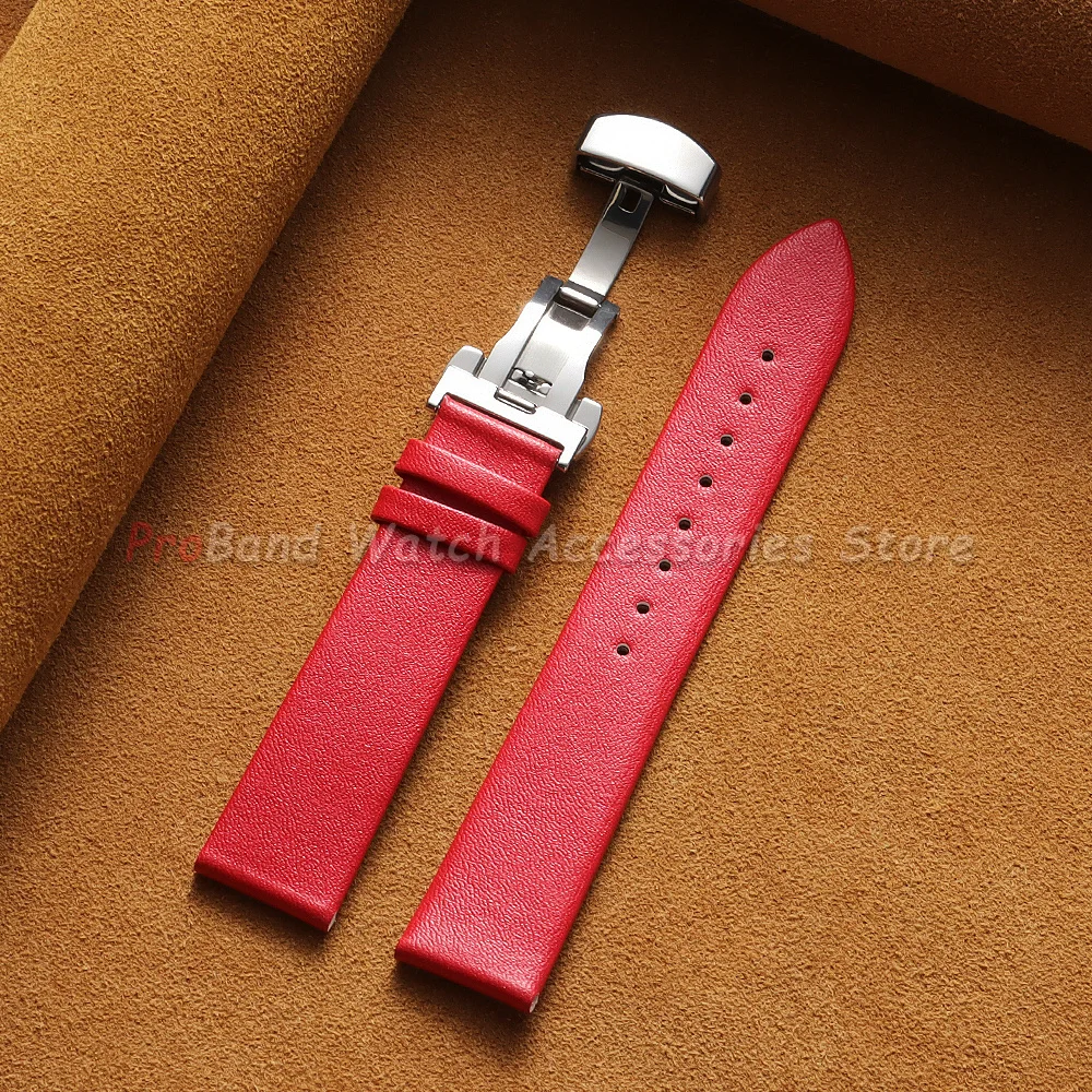 Sleek Genuine Leather Watch Band with Butterfly Buckle - Unisex Cowhide Strap