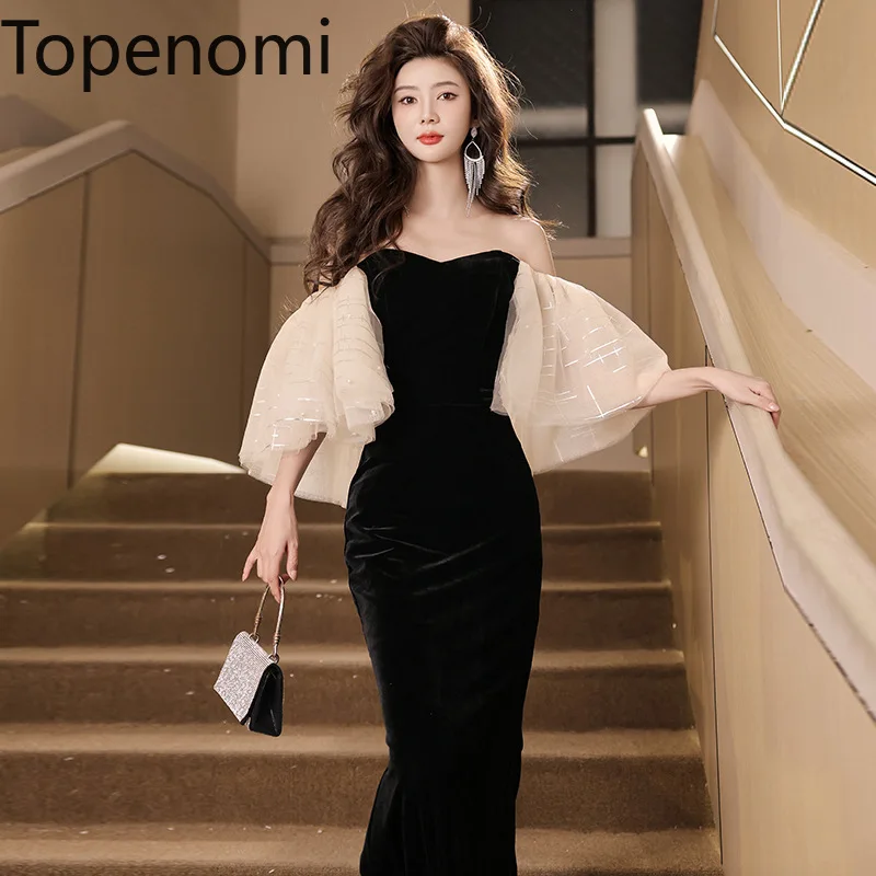 

Topenomi Black Fiahtail Strapless Night Evening Dress Women French Vintage Short Sleeve Slim Fit Velvet Birthday Party Vestidos