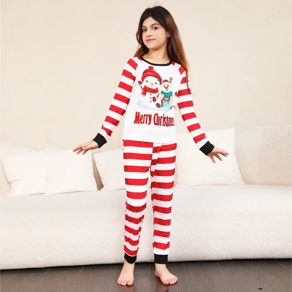 New Family Christmas Pajamas Set Snowman Striped Print Mom Dad Kids Matching Outfits Soft Cute Sleepwear Xmas Look Holiday Wear