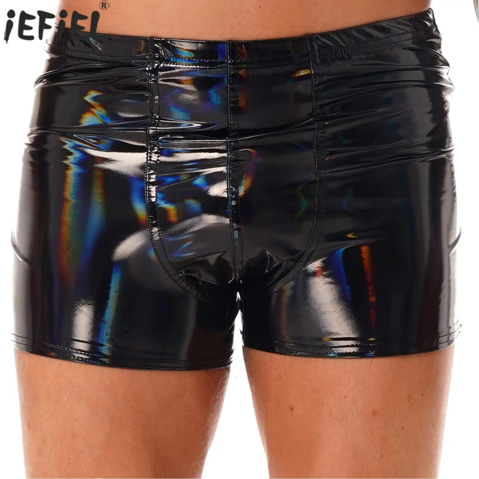 Mens Wet Look Clubwear Patent Leather Shorts Bulge Pouch Latex Boxer Brief Elastic Waistband Short Pants
