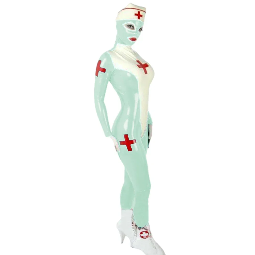 Aldult Sexy Faux Latex Cosplay Doctor Full Body Nurse Uniform Shiny PVC Overall Bodysuit with Mask Wel Look Roleplay Catsuit