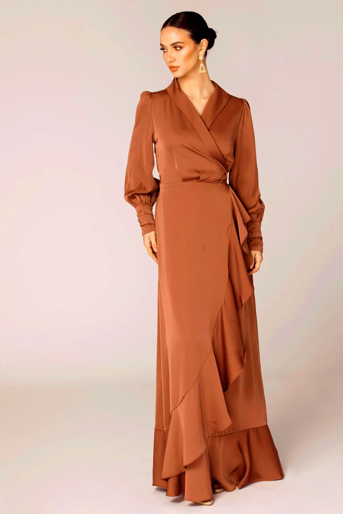 Solid Flounce Long Sleeve Belted Wrap 