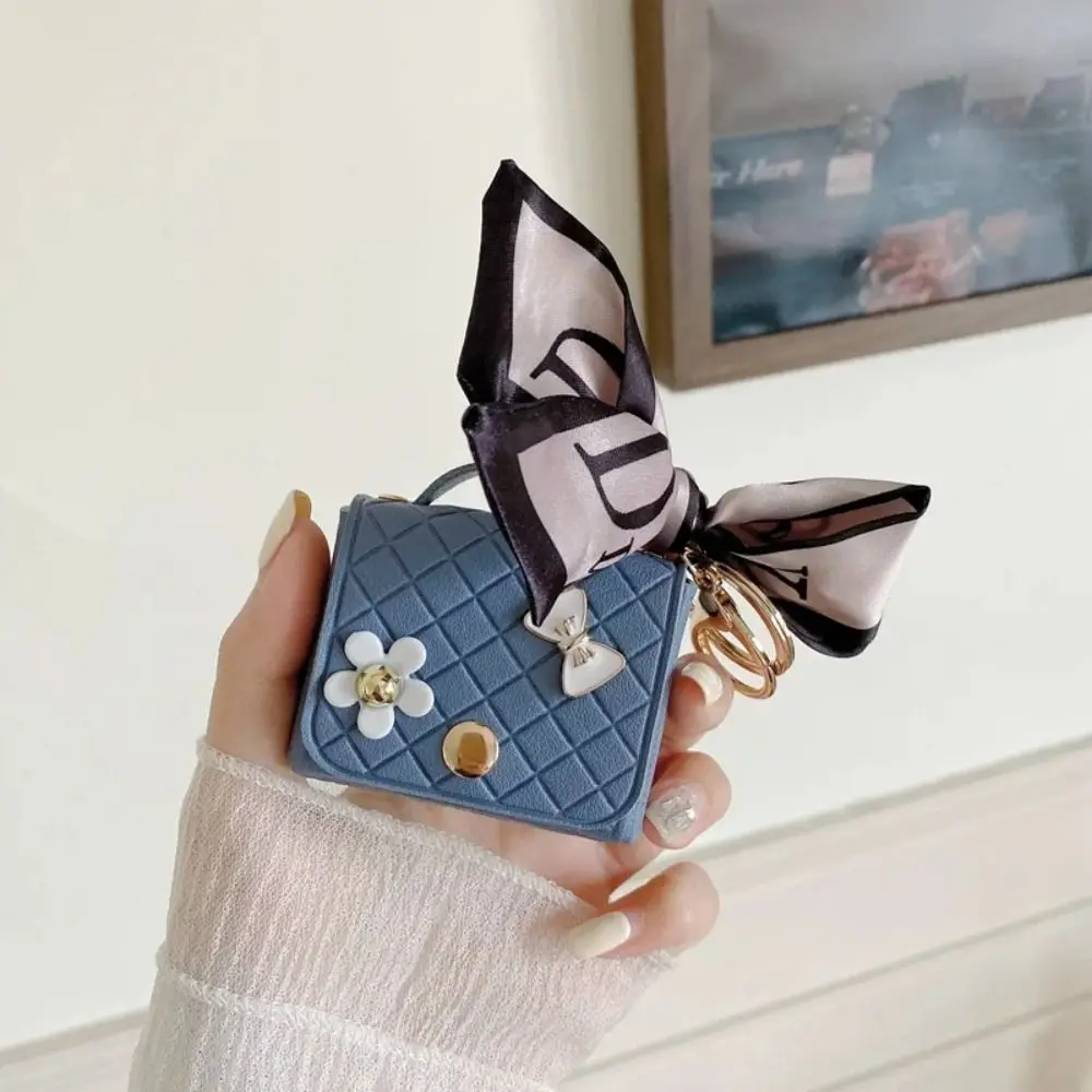 Mini Silk Scarf Earphone Storage Bag Solid Color Leather Coin Purse Creative Keychain Pendant Bluetooth Headset Cover