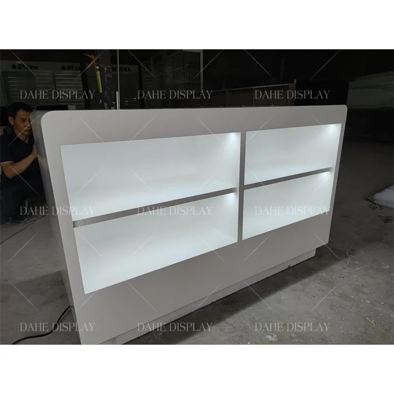 맞춤형 휴대폰 매장 진열대 노트북 이어폰 쇼케이스 나무 진열대 LED 조명 휴대폰 진열 카운터