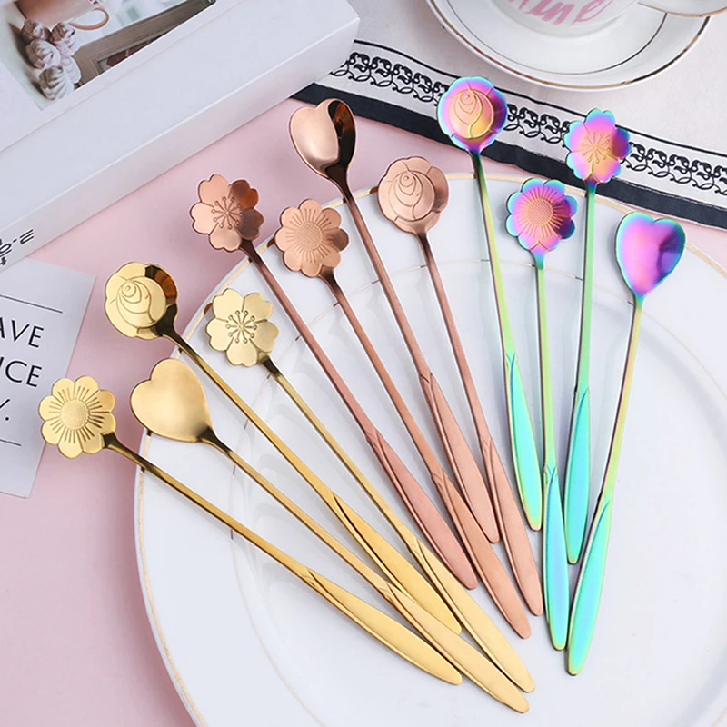 Mixing Spoons Small Flower Teaspoon Stainless Steel Coffee Spoon Cute Ice Cream Dessert Spoon Kitchen Accessories 4Pcs/Set