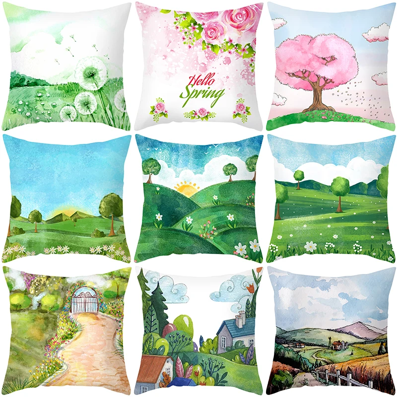 

Summer Landscape Printing Pillow Case Home Decor for Sofa Cushion Cover Designer 100% Polyester Cojines Decorativos Para Sofá