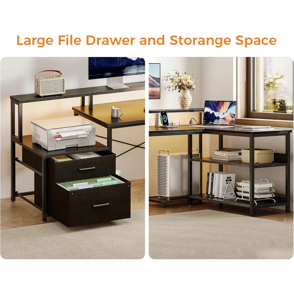 "75-inch reversible l-shaped desk with file cabinet, power outlet, and led lighting for office storage solutions"
