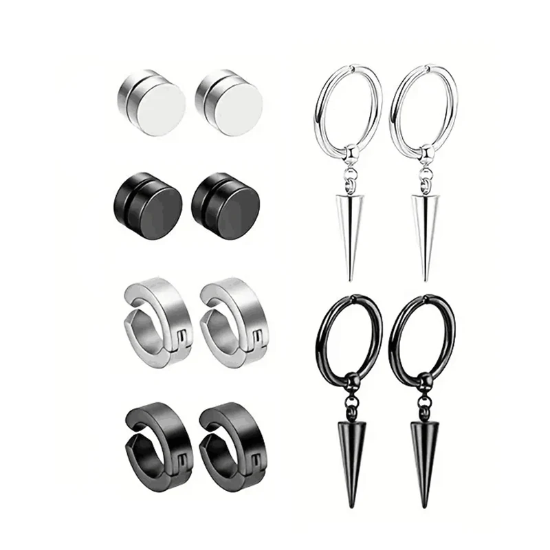 2-12 Pair Punk Men's Fashion Cross Magnet Stainless Steel Ear Studs and Earrings Set stud earrings ear accessories magnetic earrings