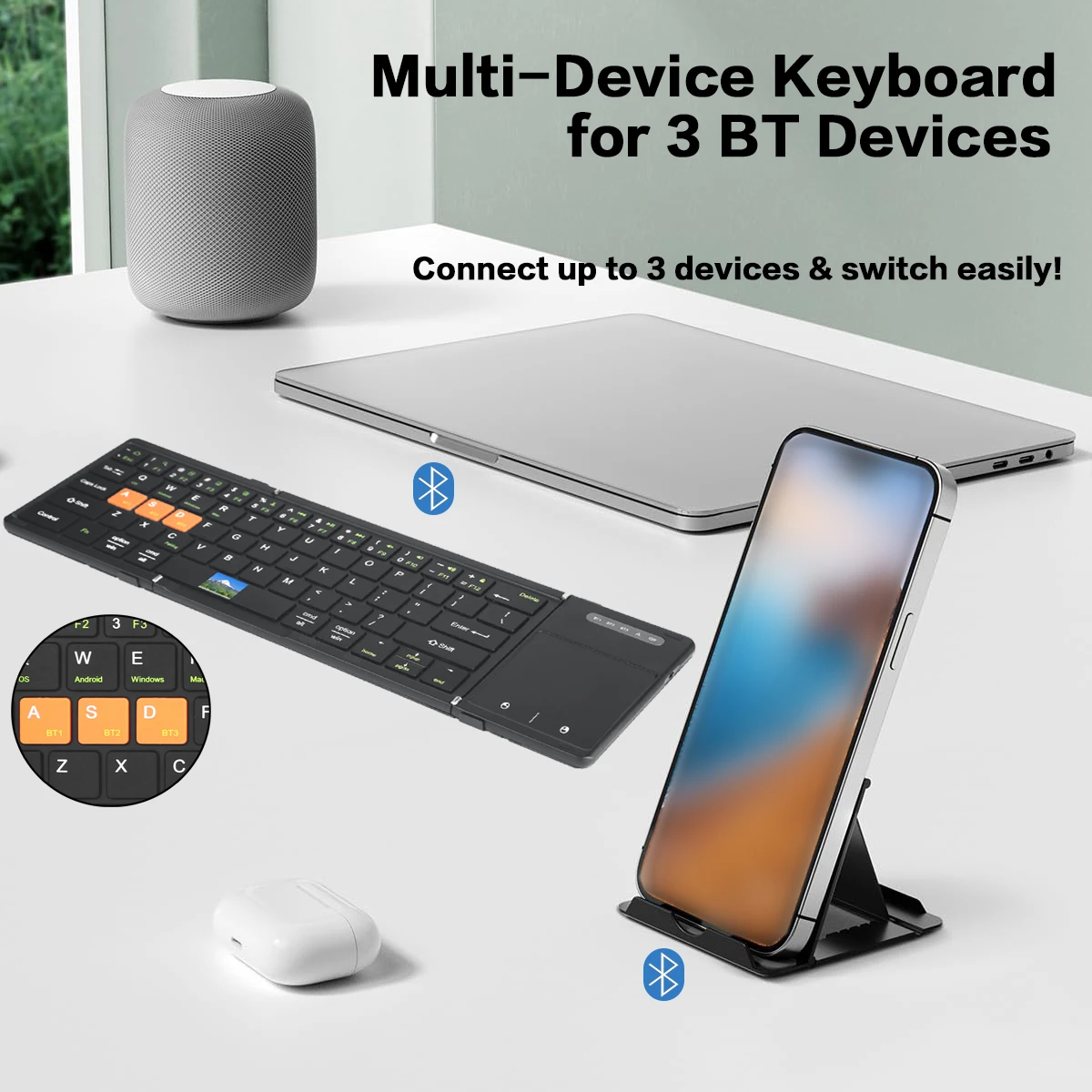 터치패드가 포함된 Jomaa Bluetooth 접이식 키보드 여행용 충전식 삼중 접이식 무선 키보드 포켓 크기