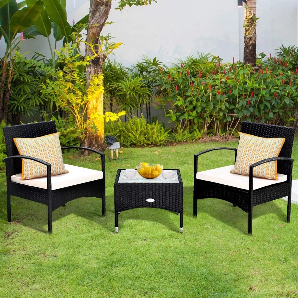 Patio Wicker Rattan Furniture Set, Rattan Chair with Coffee Table, High Load Bearing Chair Conversation Sets for Patio Garden