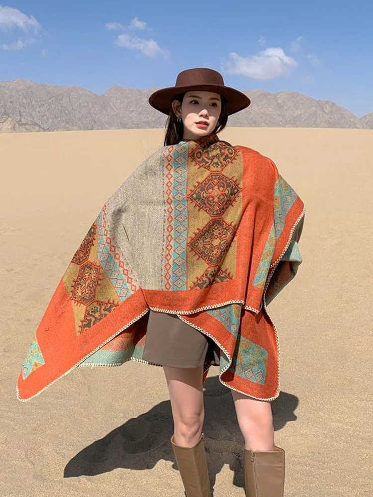 Poncho Woman Bohemian Style Windproof Geometric Pattern Cape Autumn and Winter Split Shawl Pashimina Double-sided Scarf