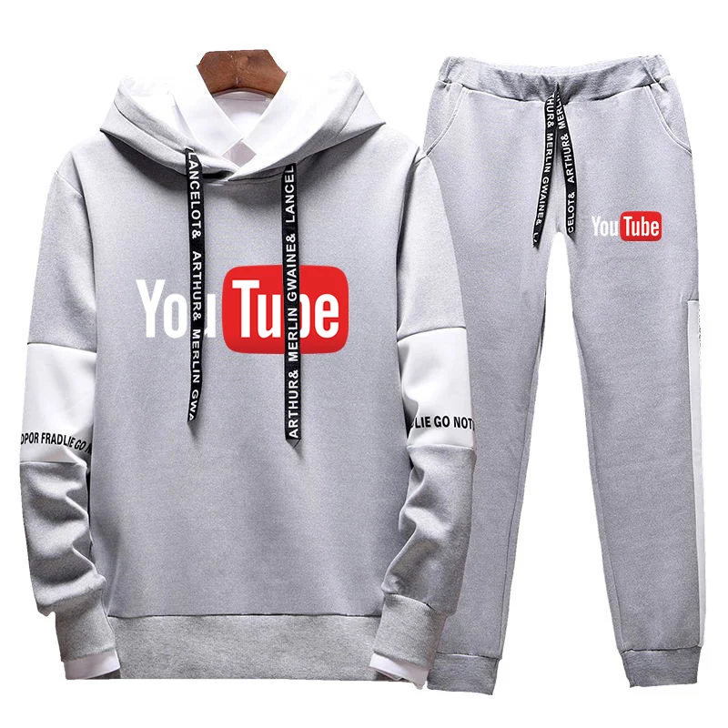 YouTube 2022 men's new fashion sportswear hoodie tricolor sweater pants sportswear casual pullover two-piece suit