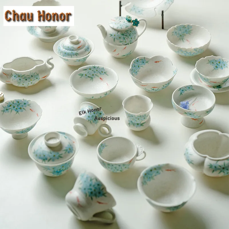 55ml Pure Hand-painted Blue Star Flower Gourd Gaiwan Retro Tea Tureen Tea Bowl With Lid Kit Tea Making Cover Bowl Tea Ceremony