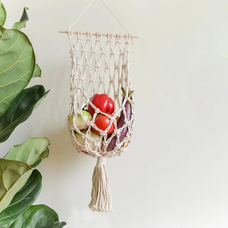 

Household Kitchen Fruit Vegetable Storage Baskets Hand-Woven Hanging Decorations Nordic Boho Style Background Wall Accessories