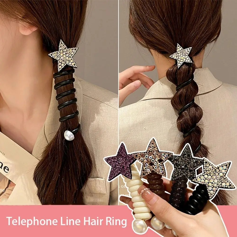 

Shiny Rhinestone Star Pearl Elastic Telephone Line Hair Ring Braiding Hair Tool Women Plastic High Ponytail Headwear
