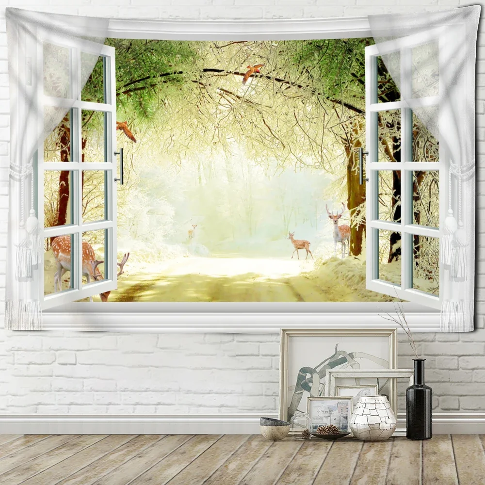 

Tapestry Outside The Window Woods Landscape Painting Tapestry Wall Hanging for Living Room Bedroom Background Home Decoration