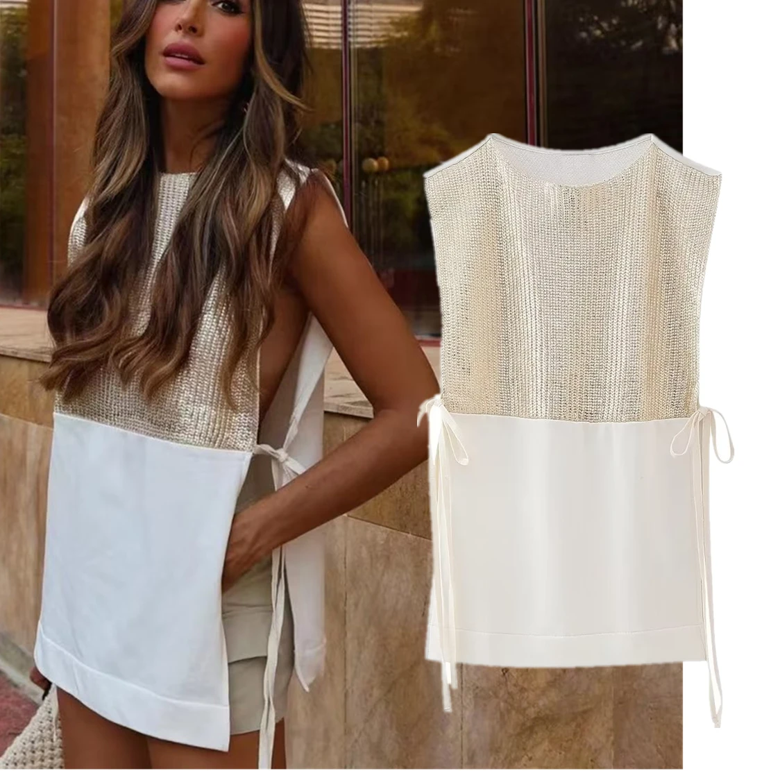 

Elmsk French Fashion Elegant Metal Texture Splice Lace up Shirt Casual Blouse Women Pullovers Tops