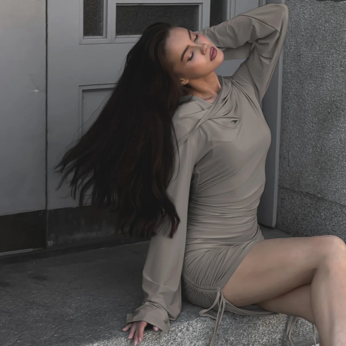 White Sexy Hoodie Mini Dress Women's Pleated Slim Long Sleeve Drawstring High Waist Party Dress Female Solid Autumn Dress