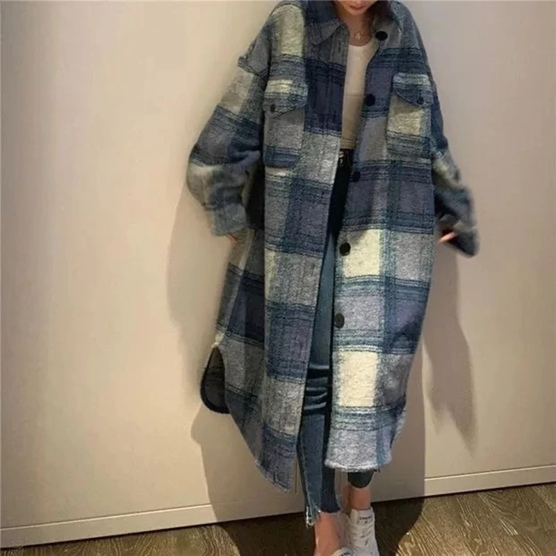 여성용 롱 격자 무늬 셔츠 코트, 오버사이즈 체크 무늬 셔츠, 빈티지 루즈 싱글 브레스티드 롱 가디건, 여성 패션, 가을