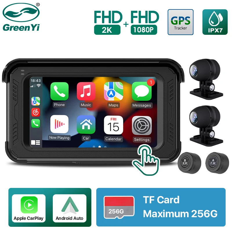 

5-дюймовый мотоцикл Wi-Fi Беспроводной Apple Carplay 2K/1080P IP67 Водонепроницаемая камера GPS-навигатор DVR Монитор Bluetooth Android Auto