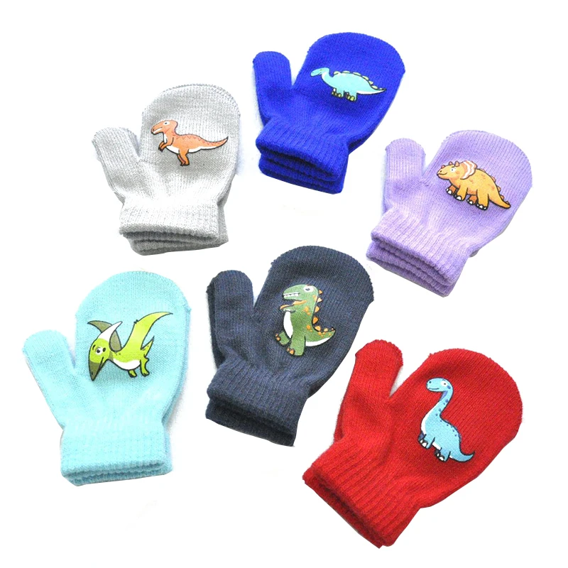 Cartoon Dinosaur Baby Gloves Warm Autumn Winter Kids Girl Boy Full Finger Gloves Knitted Thick Outdoor Children Toddler Mittens