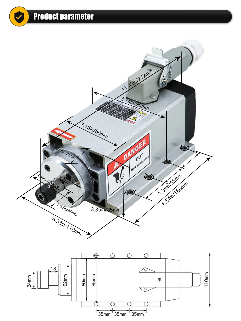 Heißer Verkauf 1,5 kW 2,2 kW CNC Spindelmotor 220 V ER20 Spindel 0,9 Nm 24000 U/min + 13 Stück ER20 Spannzange – Detail 5