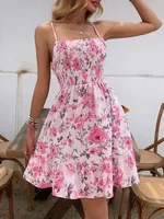 Women's Floral Print Shirred Spaghetti Strap Dress - Summer Boho Ruffle Sundress Casual Beach Maxi Dress