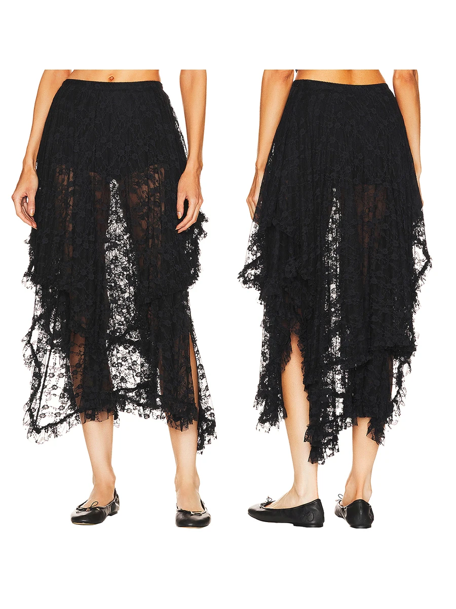 

Women s Elegant Midi Lace Tulle Skirt High Low Asymmetrical Ruffled Sheer Irregular Hem A-Line Tutu Skirts