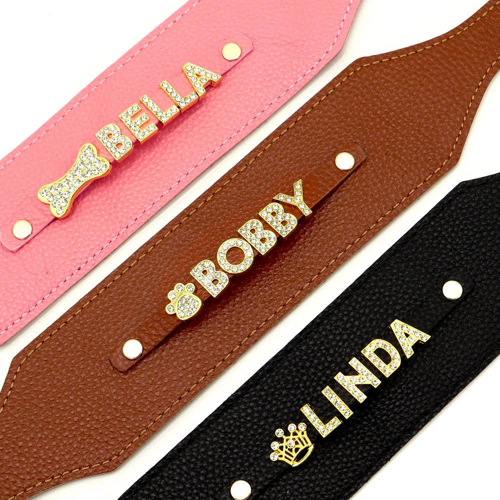 Personalized Dog Collar Bling Rhinestone Leather Pet Collar For Small Medium Dogs Greyhound Wide Custom Necklace Free Name Charm