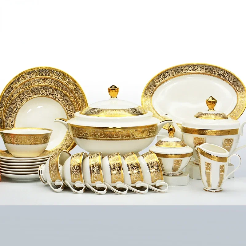 

Gold decoration tableware royal style bone china dinnerware sets luxury porcelain